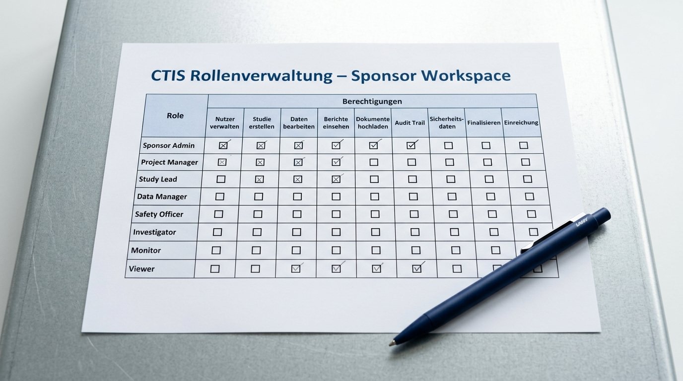 Ausgedruckte CTIS-Rollenverwaltungsmatrix mit Zugriffsrechten auf metallischer Fläche