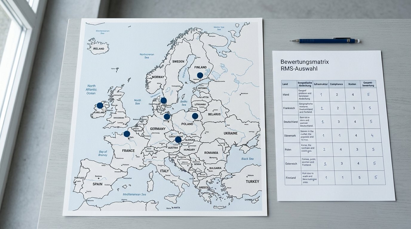EU-Karte mit Markierungspins zur RMS-Auswahl und Bewertungsmatrix-Dokument