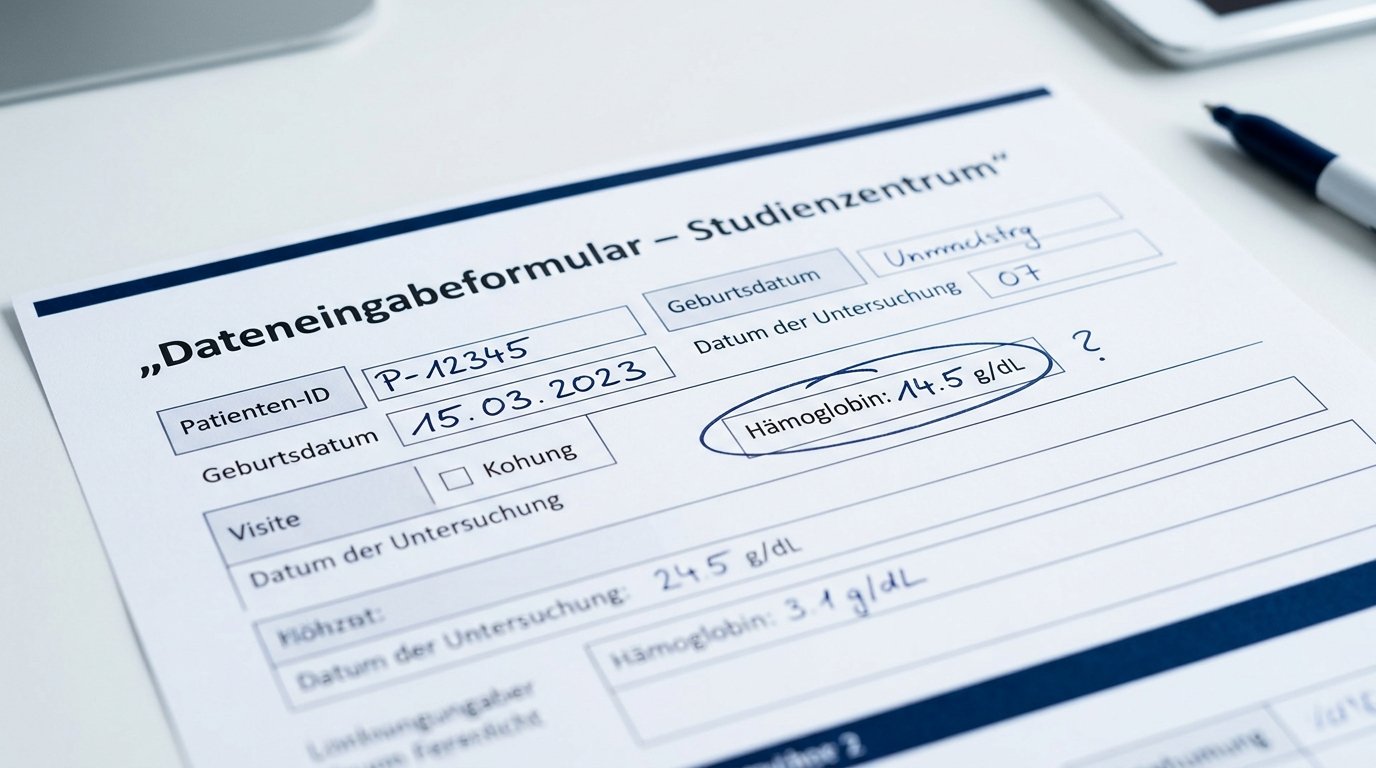 Ausgefülltes eCRF-Dateneingabeformular mit Datenanfrage-Markierung für klinische Studie