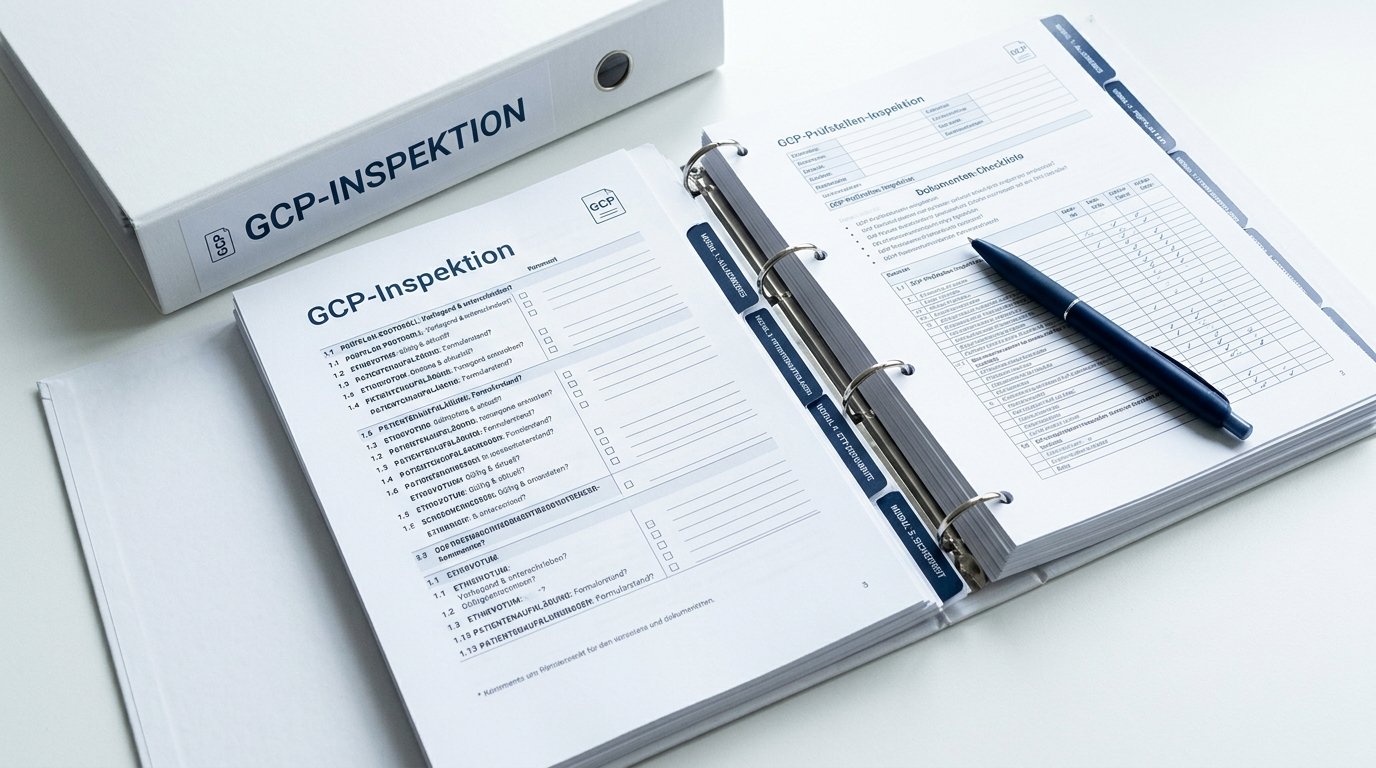 Geöffneter GCP-Inspektionsordner mit strukturierten Prüfdokumenten auf weißer Oberfläche