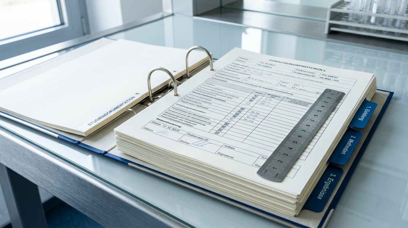 Studiendokumentation im laufenden Betrieb – geöffneter Ordner mit klinischen Datenerfassungsbögen