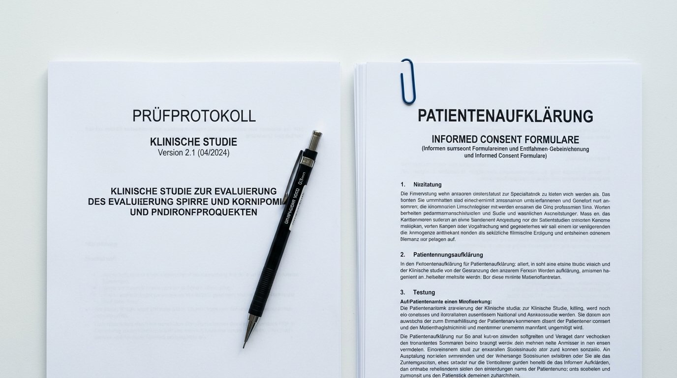 Klinische Studiendokumente – Prüfprotokoll und Patientenaufklärung als Flat-Lay-Detailaufnahme