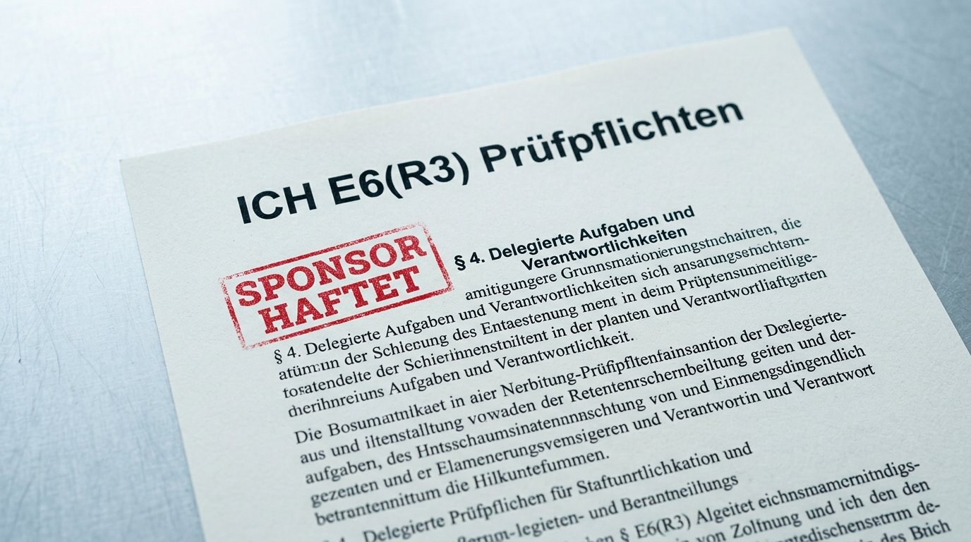 Regulatorisches Dokument ICH E6(R3) mit Stempel zur Sponsorhaftung – Delegation überträgt keine Verantwortung