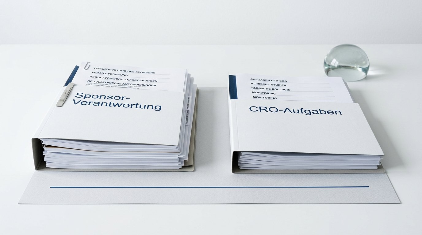 Zwei Dokumentenmappen – Sponsor-Verantwortung und CRO-Aufgaben – auf weißem Untergrund, klar getrennt