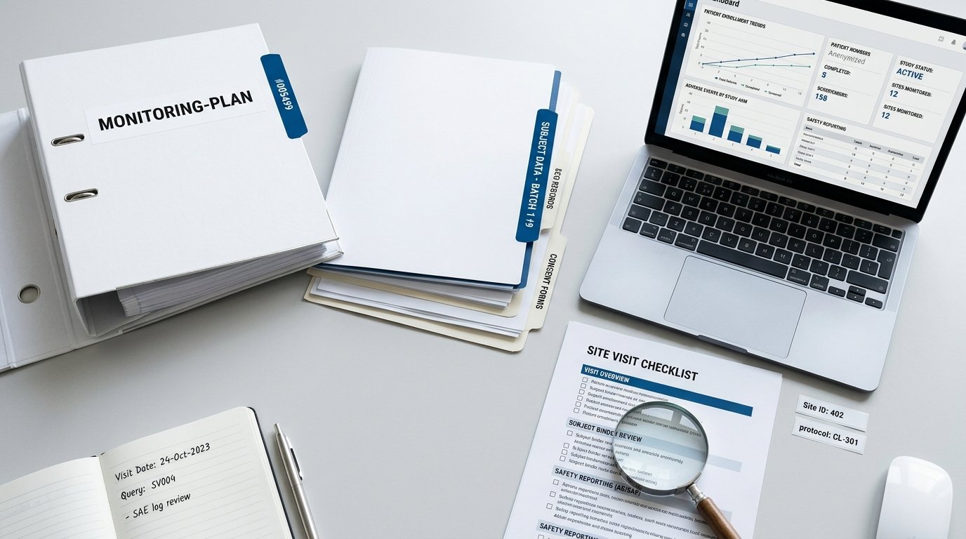Monitoring-Plan und Quelldokumente auf klinischem Schreibtisch